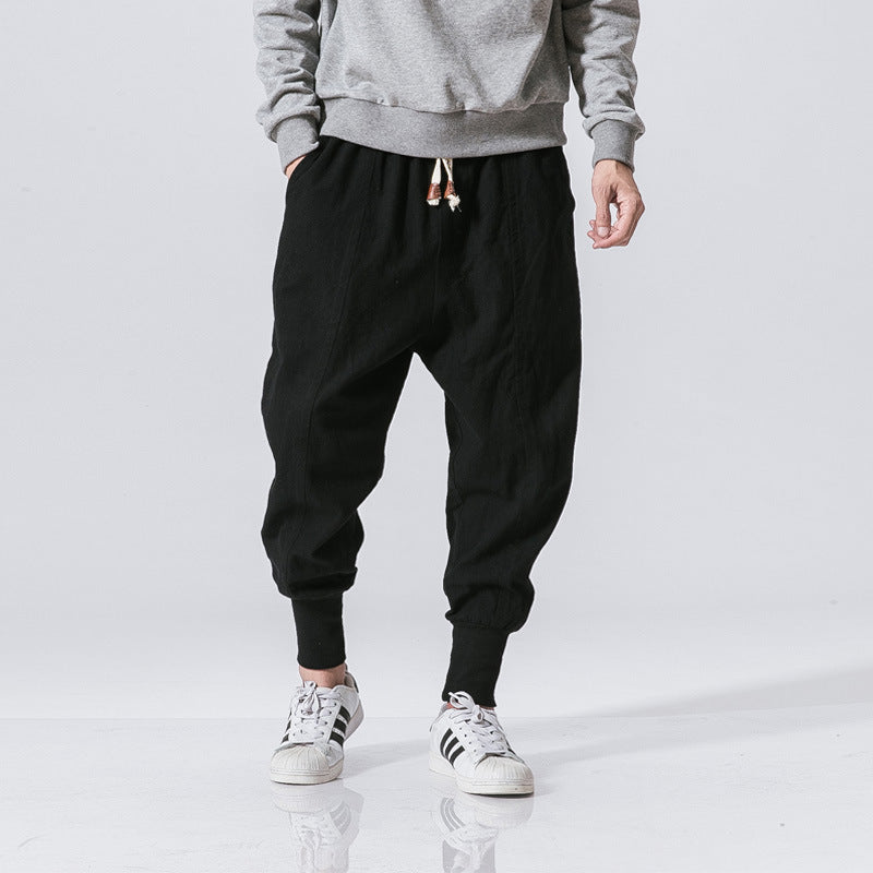 Men's Linen Harem Pants - Casual Ankle-Length Joggers Black Men's Pants