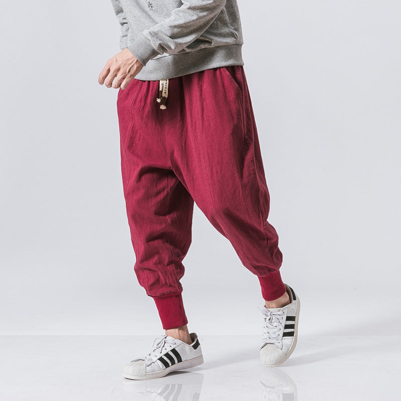 Men's Linen Harem Pants - Casual Ankle-Length Joggers Red Men's Pants