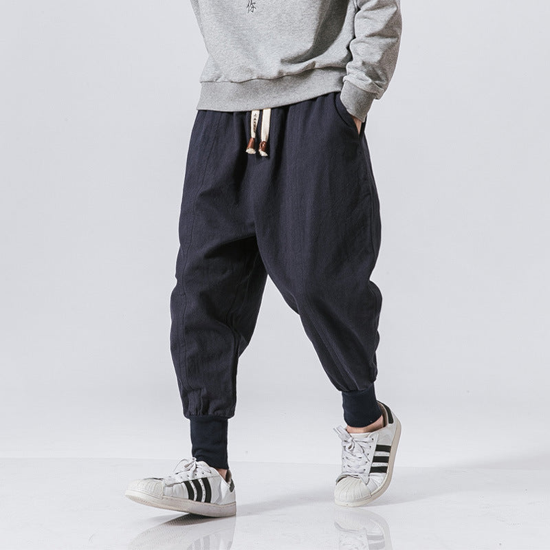 Men's Linen Harem Pants - Casual Ankle-Length Joggers Navy Men's Pants