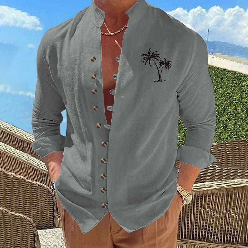 Men's Vintage Print Cardigan - Slim Fit Long Sleeve Shirt Paste Gray And Black Flowers Men's Shirts