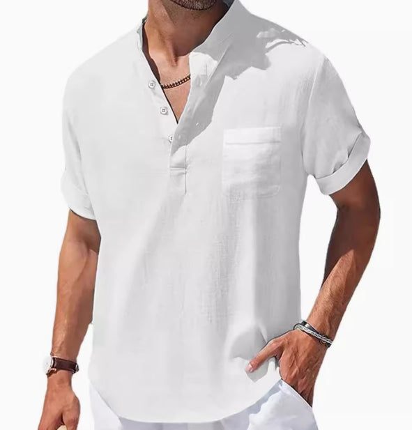 Men's 3/4 Sleeve Polo Shirt - Loose Fit Lapel Tee White Men's Polo Shirts