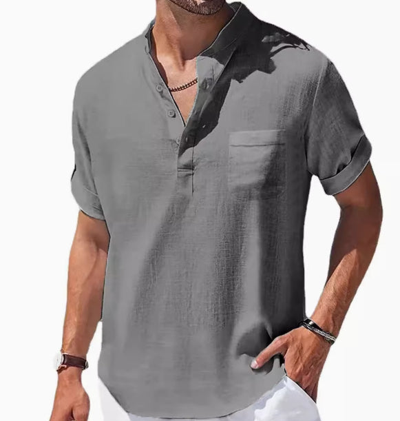 Men's 3/4 Sleeve Polo Shirt - Loose Fit Lapel Tee Grey Men's Polo Shirts