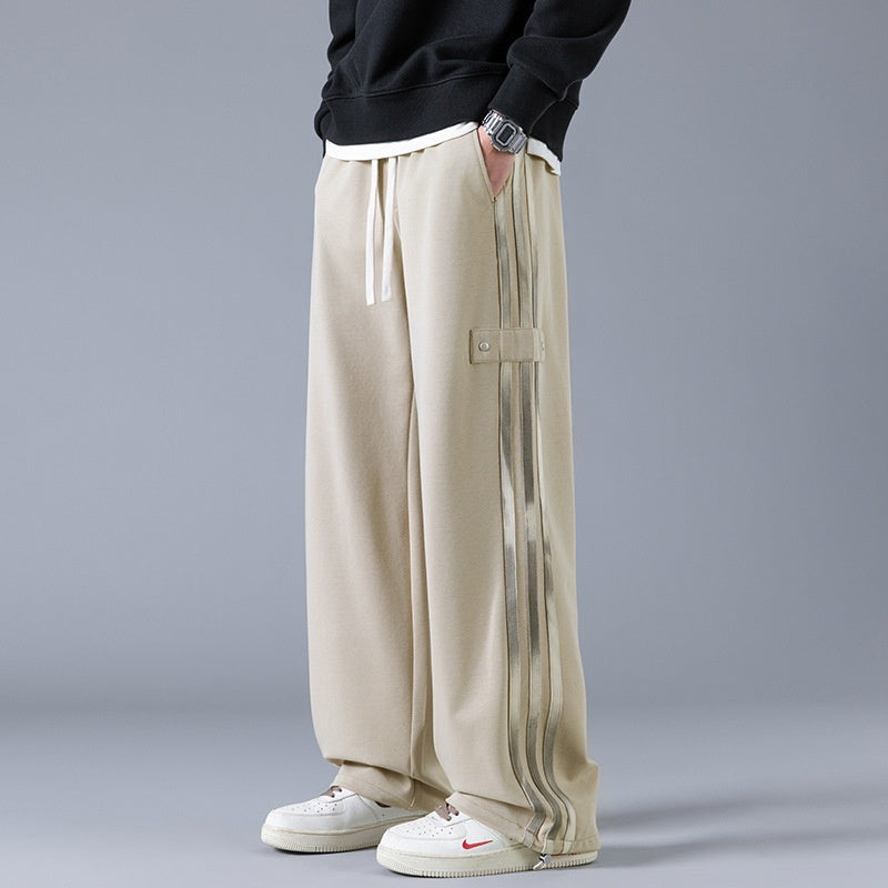 Men's Three-Stripe Track Pants - High-Waist Straight Leg Joggers Khaki Men's Pants