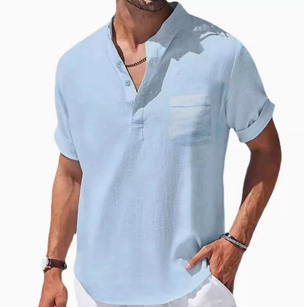 Men's 3/4 Sleeve Polo Shirt - Loose Fit Lapel Tee Light Blue Men's Polo Shirts