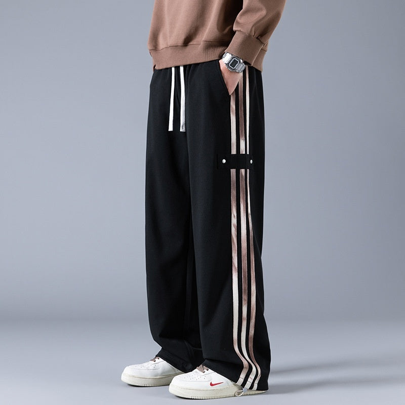 Men's Three-Stripe Track Pants - High-Waist Straight Leg Joggers Black Men's Pants