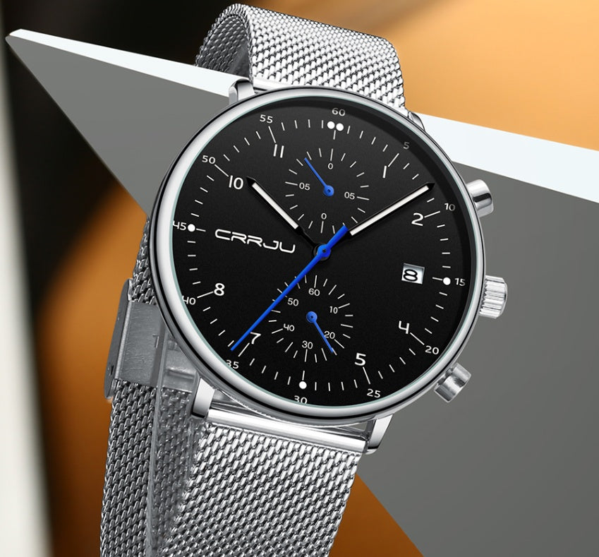 Men's Chronograph Sport Watch - Multi-Function Stainless Steel Watch Black sliver Men's Watches