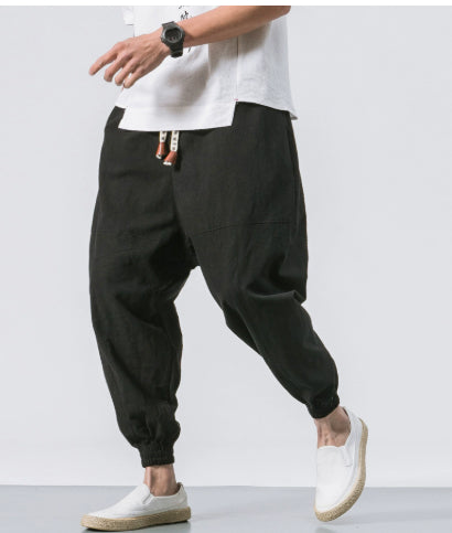 Men's Linen Harem Pants - Casual Ankle-Length Joggers K61 Black Men's Pants