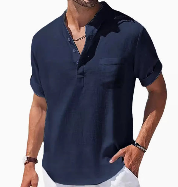Men's 3/4 Sleeve Polo Shirt - Loose Fit Lapel Tee Navy Blue Men's Polo Shirts