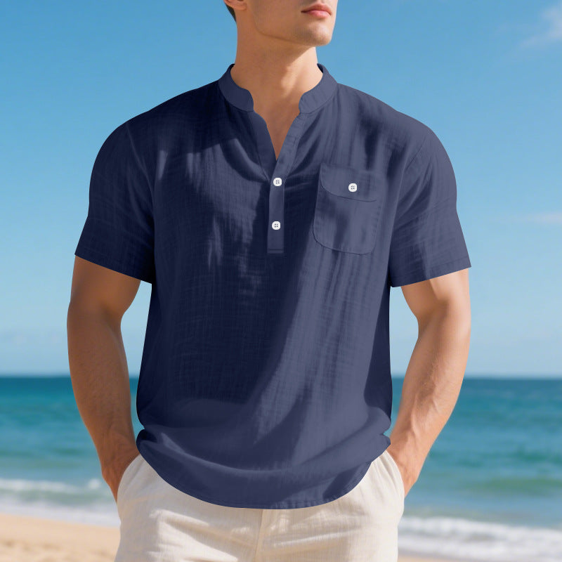 Men's Linen T-Shirt - Lightweight Casual Summer Tee Navy Blue Men's T-Shirts