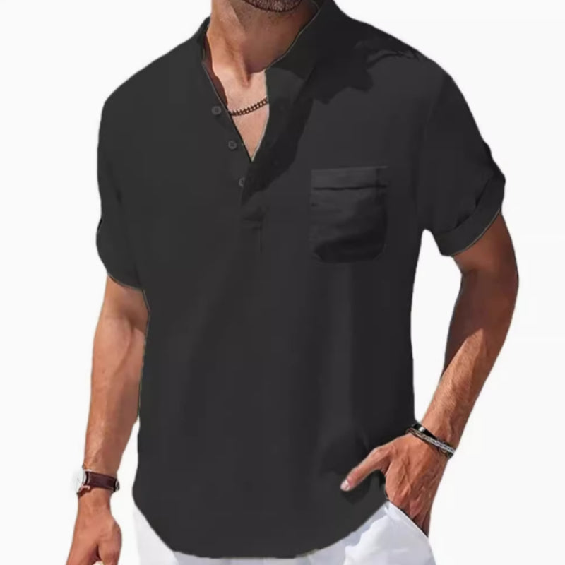 Men's 3/4 Sleeve Polo Shirt - Loose Fit Lapel Tee Black Men's Polo Shirts