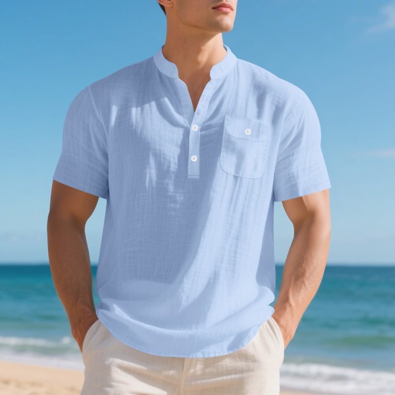 Men's Linen T-Shirt - Lightweight Casual Summer Tee Light Blue Men's T-Shirts