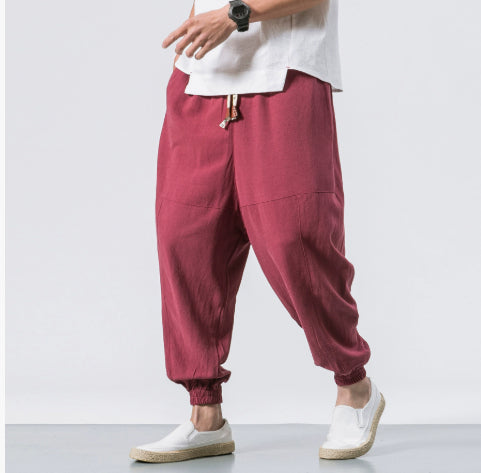 Men's Linen Harem Pants - Casual Ankle-Length Joggers Wine Red Men's Pants