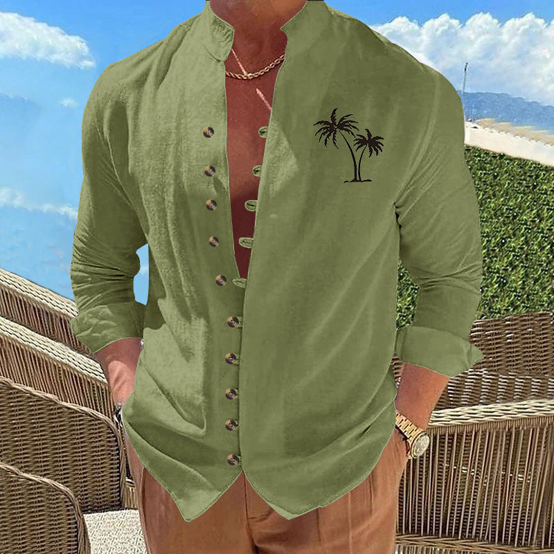 Men's Vintage Print Cardigan - Slim Fit Long Sleeve Shirt Army Green Black Flower Men's Shirts