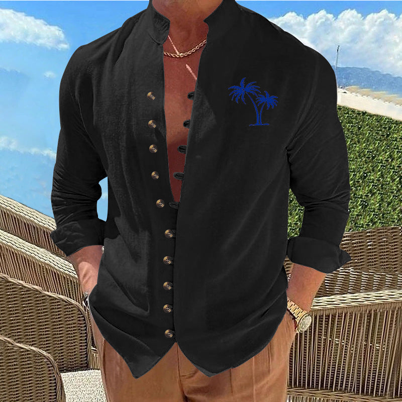 Men's Vintage Print Cardigan - Slim Fit Long Sleeve Shirt Black Blue Flower Men's Shirts